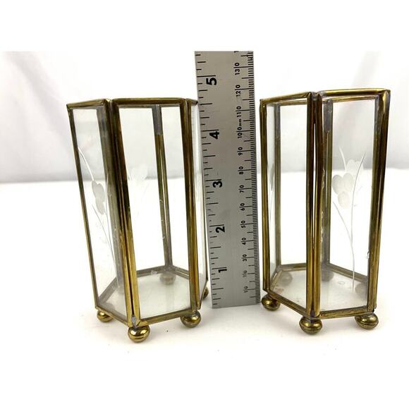 VTG Mini Brass Etched Glass Lantern Candle Holder Display Lot of 2 - Picture 4 of 16